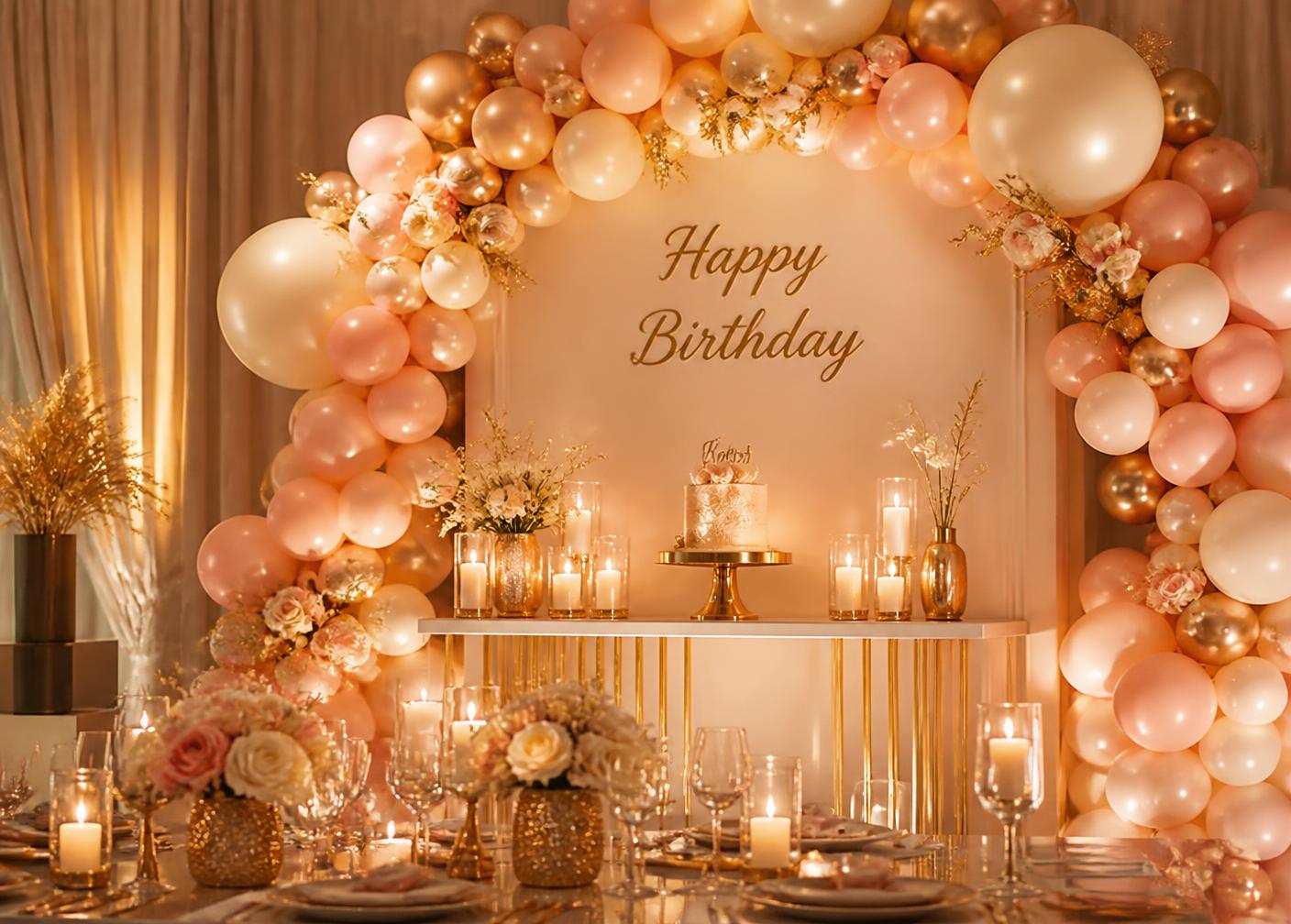 Luxury birthday celebration decor with pastel balloon arch, candles and gold styling