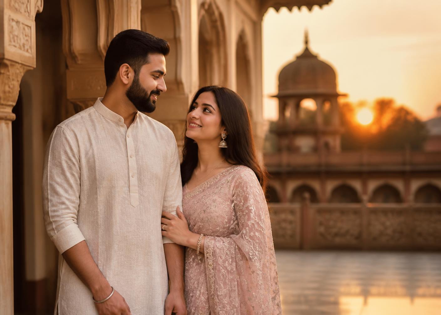Pre wedding couple portrait at a heritage palace courtyard at golden hour